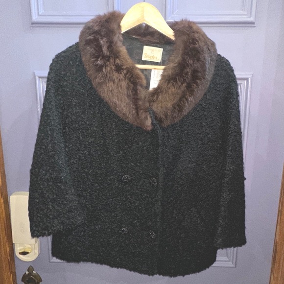 American Vintage Jackets & Blazers - Vintage 50s Winter Persian Lambswool Coat Mink Fur Collar Black Swing Jacket L